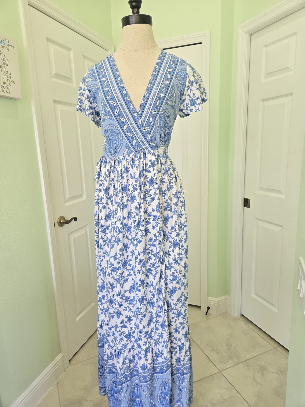 Blue Floral Cottage Wrap Maxi Dress with V-Neck Women's Summer Farmhouse Prairie